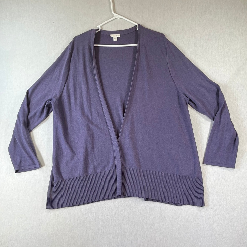 J Jill Cardigan XL Purple Silk Blend Open Front Long Sleeve Ribbed Hem Cute